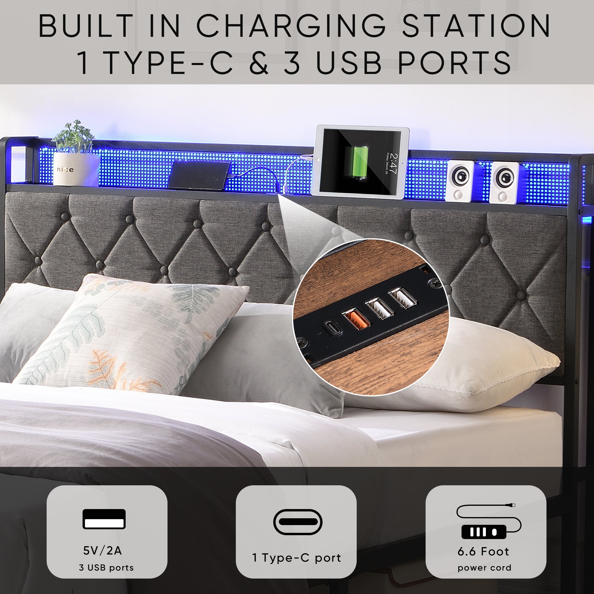 Full Bed Frame with Storage, Charging Station & LED Lights, Gray Full Bed Frame with Storage, Charging Station & LED Lights, Gray