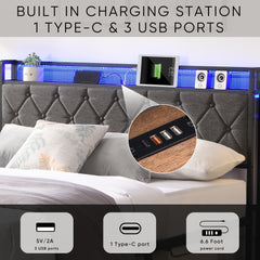 Queen Bed Frame with Storage Headboard, LED Lights & Charging Station