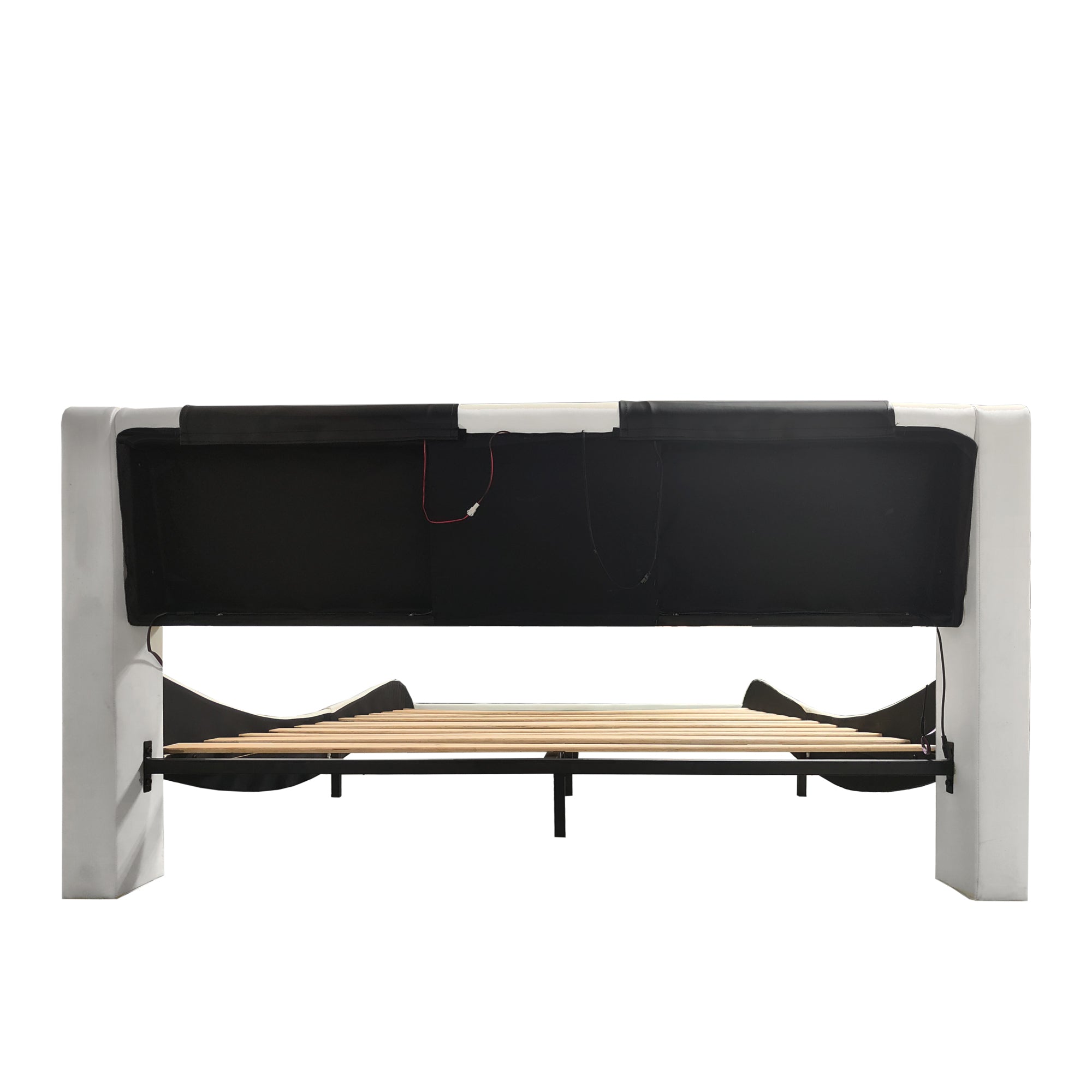 Faux Leather Upholstered Platform Bed Frame with led lighting, Bluetooth connection to play music control, Backrest vibration massage, Curve Design, Wood Slat Support, One-Carton Package, Queen Faux Leather Upholstered Platform Bed Frame with led lighting, Bluetooth connection to play music control, Backrest vibration massage, Curve Design, Wood Slat Support, One-Carton Package, Queen