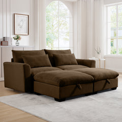 Corduroy Loveseat with 2 Storage Footrest - Deep Seat Brown Sofa for Living Room