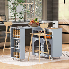 K&K Rolling Kitchen Island With Extended Table, Kitchen Island and 2 Fluted Glass Doors, Grey
