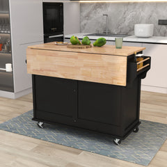 Kitchen Cart with Drop-Leaf Countertop & Sliding Barn Door, Black