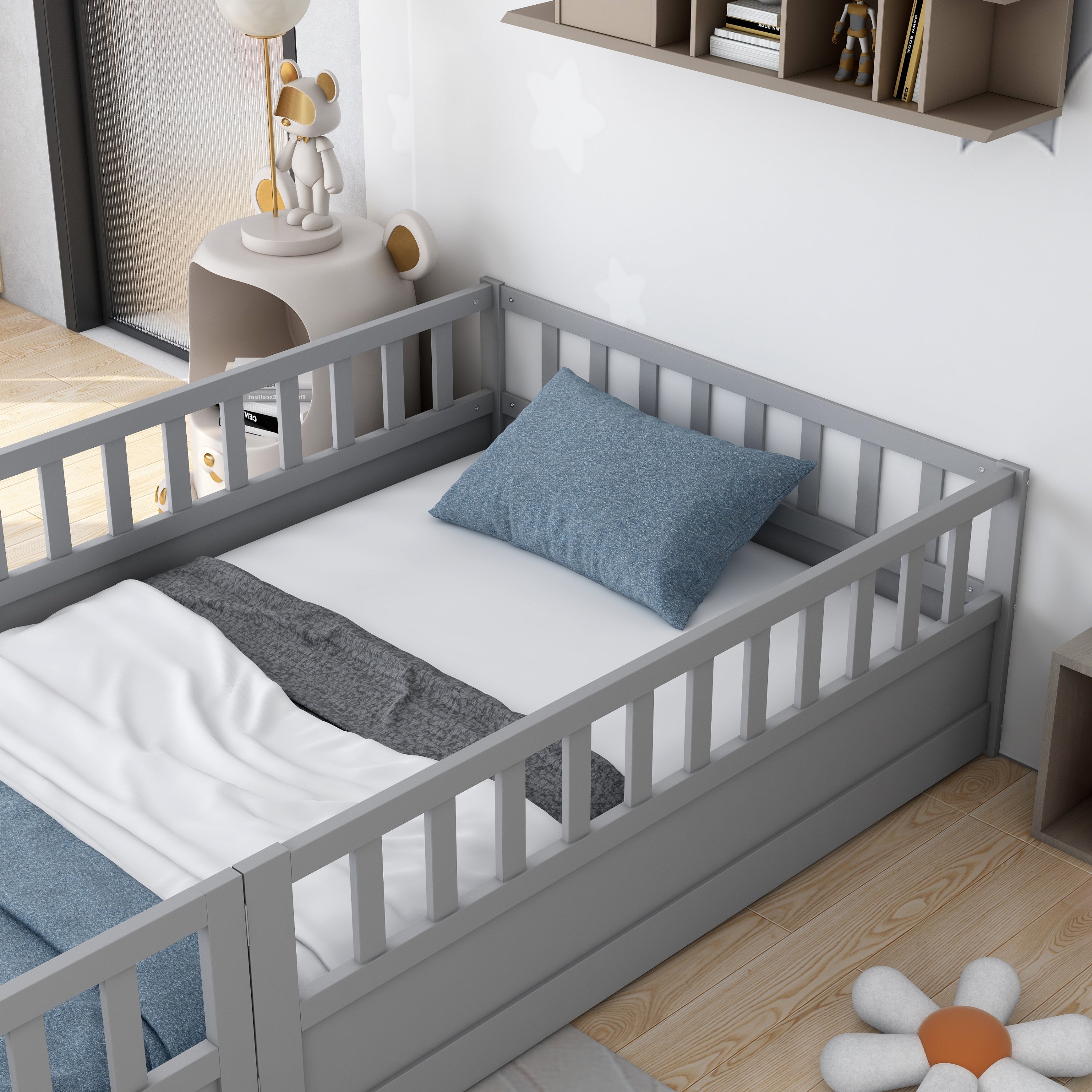 Twin Size Floor bed, integral construction with super high security barrier, door, children's floor bed frame, Montessori wooden children's floor bed,  Grey Twin Size Floor bed, integral construction with super high security barrier, door, children's floor bed frame, Montessori wooden children's floor bed,  Grey