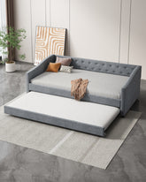 Twin Size Daybed with Twin Size Trundle Upholstered Tufted Sofa Bed, with Button on Back and Copper Nail on Waved Shape Arms-Light Grey