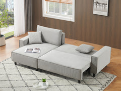 Modern Gray Corduroy Sofa Bed with Two Pillows - Sectional L-Shaped Sofa with Storage