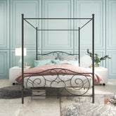 Metal Canopy Bed Frame with Vintage Headboard & Footboard - Queen, Black