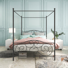 Metal Canopy Bed Frame with Vintage Headboard & Footboard - Queen, Black
