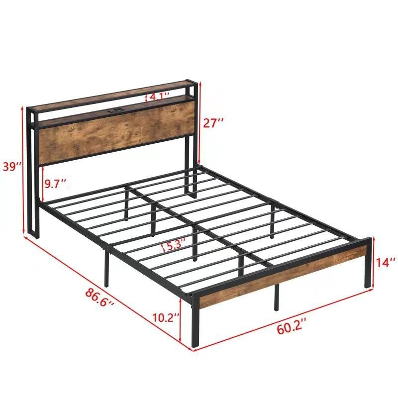 Queen Size Metal Platform Bed Frame with Wooden Headboard and Footboard with USB LINER,LED Lights, No Box Spring Needed, Large Under Bed Storage, Easy Assemble Queen Size Metal Platform Bed Frame with Wooden Headboard and Footboard with USB LINER,LED Lights, No Box Spring Needed, Large Under Bed Storage, Easy Assemble