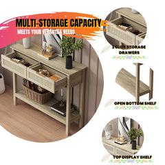 Boho Console Table with 2 Rattan Drawers & Bottom Storage Shelf