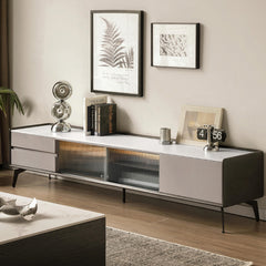 Sleek Oak Wood TV Stand with Marble Top - Modern Entertainment Center X167N01