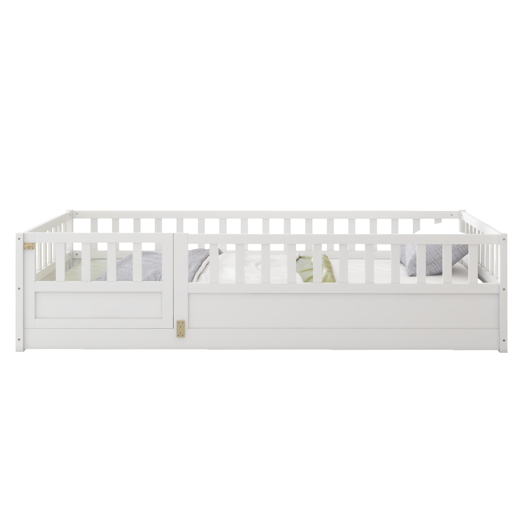 Twin Size Floor bed, integral construction with super high security barrier, door, children's floor bed frame, Montessori wooden children's floor bed, white Twin Size Floor bed, integral construction with super high security barrier, door, children's floor bed frame, Montessori wooden children's floor bed, white