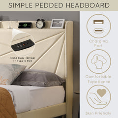 Full Upholstered Bed Frame with Storage Drawers & USB, Beige