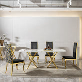 Marble Pattern Dining Table, Gold Steel Base, Seats 6-8