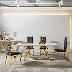 Marble Pattern Dining Table, Gold Steel Base, Seats 6-8