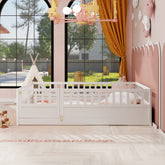 Full size Floor bed, integral construction with super high security barrier, door, children's floor bed frame, Montessori wooden children's floor bed, white