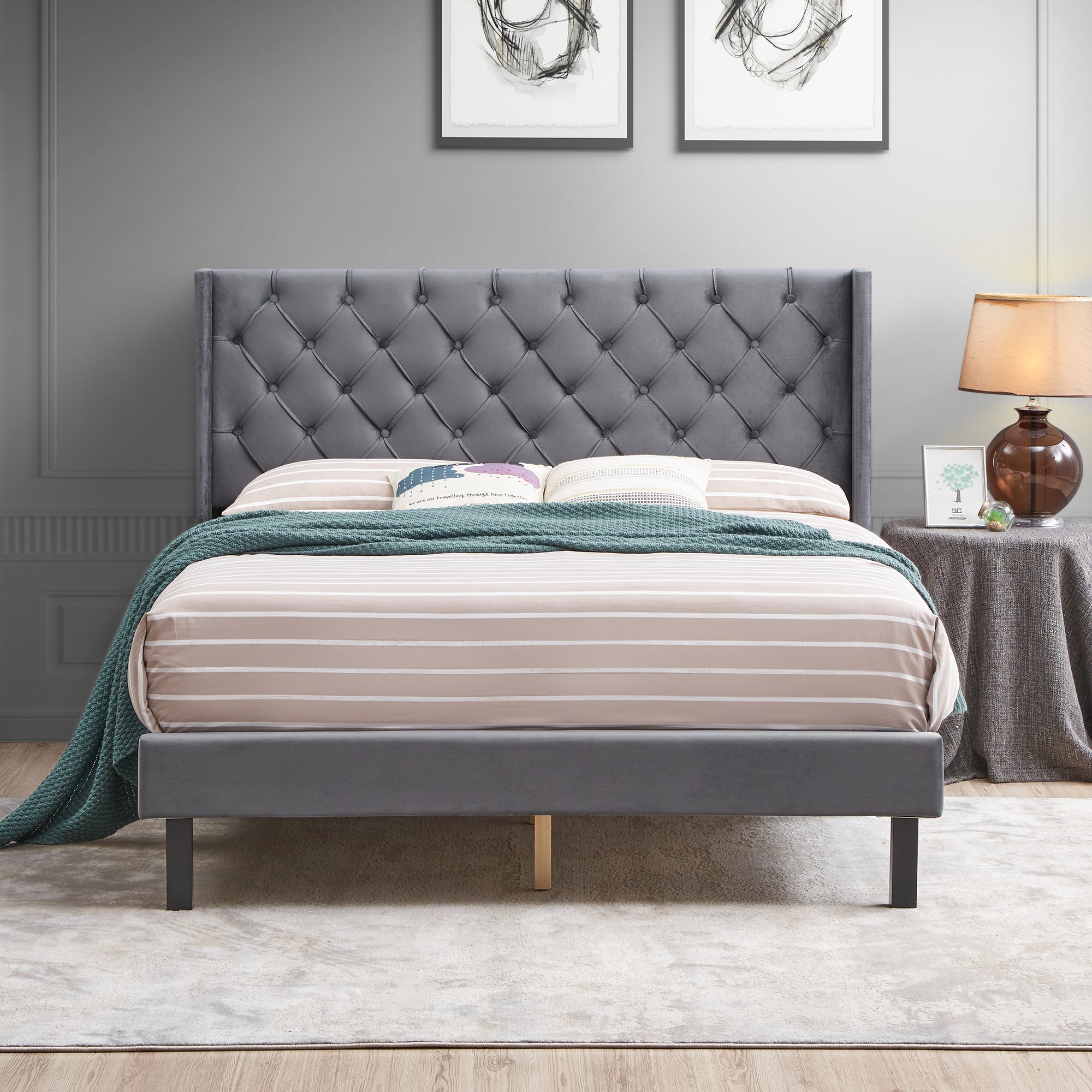 Velvet Button Tufted-Upholstered Bed with Wings Design - Strong Wood Slat Support - Easy Assembly - Gray, Queen, platform bed Velvet Button Tufted-Upholstered Bed with Wings Design - Strong Wood Slat Support - Easy Assembly - Gray, Queen, platform bed