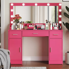 47.2"Vanity Desk with Large Mirror, 3 Colour Lighting Modes, Adjustable Brightness, Dresser with 3 Drawers & 2 Vertical Cabinets, Makeup Vanity Table for Women & Girls (Rose Pink)