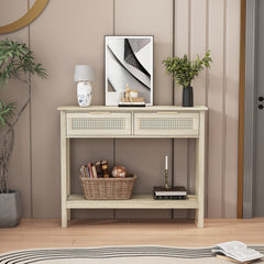 Boho Console Table with 2 Rattan Drawers & Bottom Storage Shelf