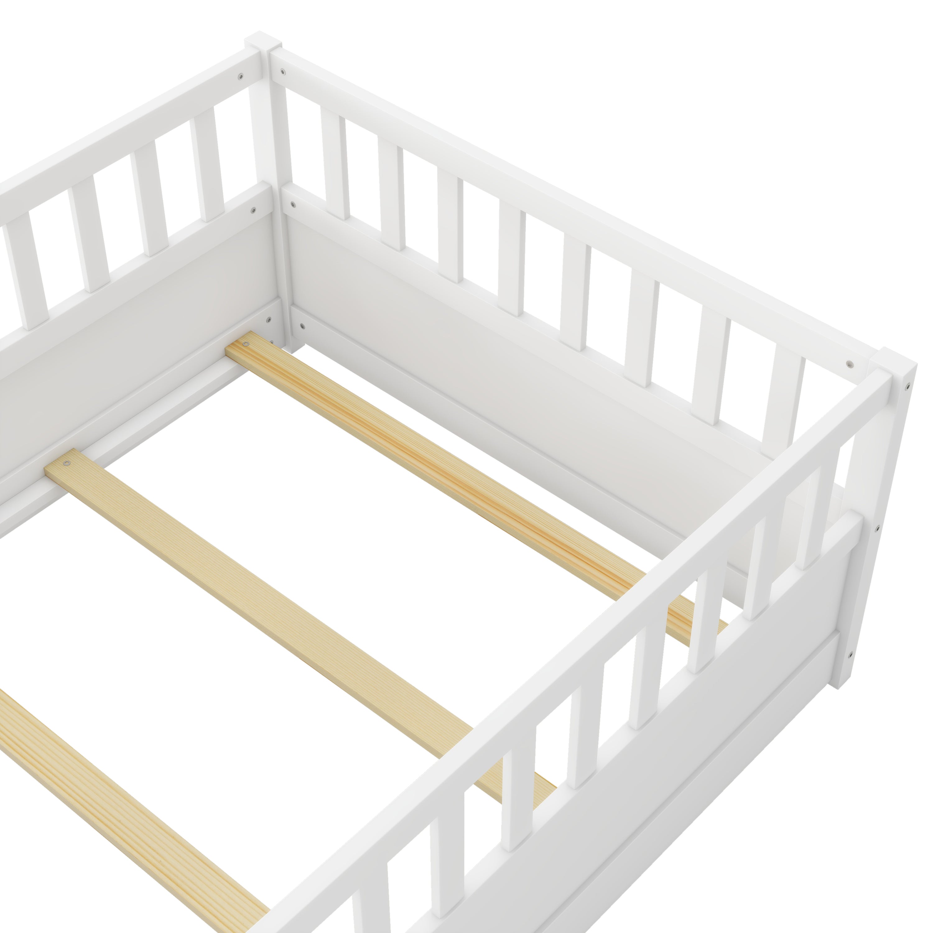 Twin Size Floor bed, integral construction with super high security barrier, door, children's floor bed frame, Montessori wooden children's floor bed, Support slat white Twin Size Floor bed, integral construction with super high security barrier, door, children's floor bed frame, Montessori wooden children's floor bed, Support slat white