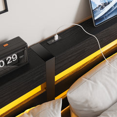 Queen Metal Bed Frame with Wooden Headboard, RGB Lights & Charger - Black