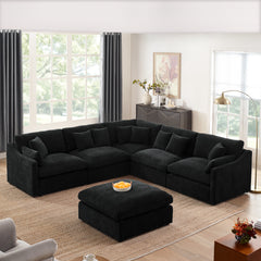 6-Seats Modular L-Shaped Sectional Sofa with Ottoman,10 Pillows, Oversized Upholstered Couch w/Removabled Down-Filled Seat Cushion for Living Room, Chenille Black