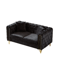 60-Inch Chenille Pull Buckle Design Sofa for Living Room,Buttons Tufted With Copper Nail Decoration Armrest, Modern Couch Upholstered Button And Metal Legs