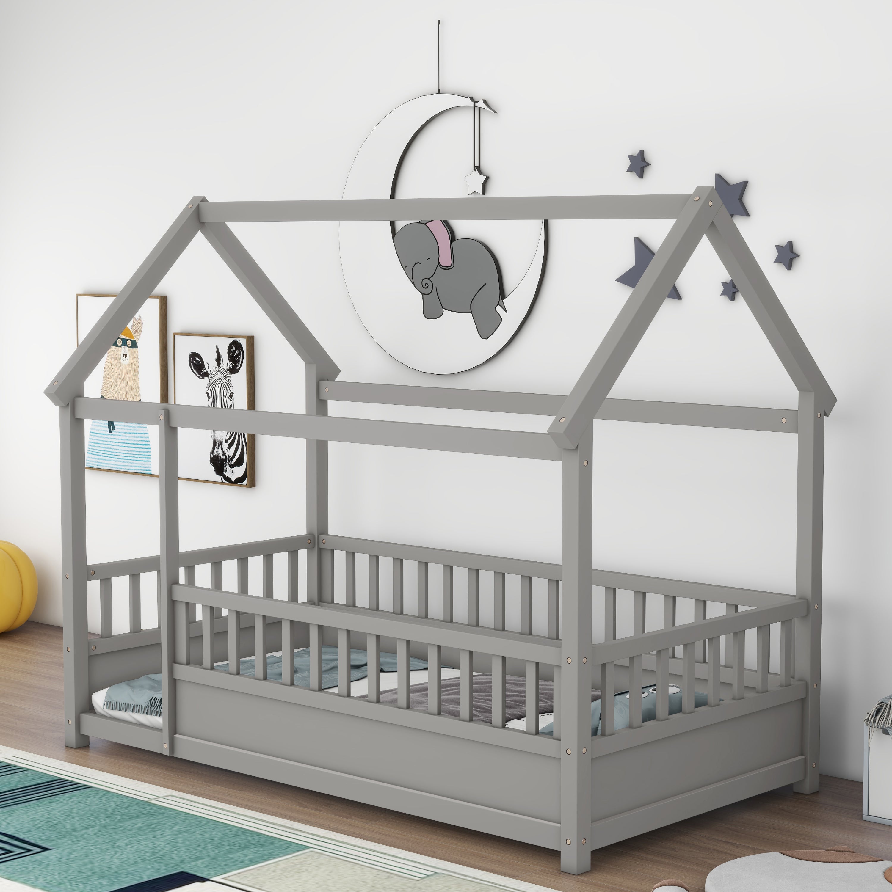 Twin Size Floor Wooden Bed with House Roof Frame, Fence Guardrails,Grey Twin Size Floor Wooden Bed with House Roof Frame, Fence Guardrails,Grey