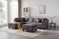 Sectional 3-Seaters Sofa with Reversible Chaise , Storage Ottoman, inlaid with copper nail ,Two Small Pillows,Grey