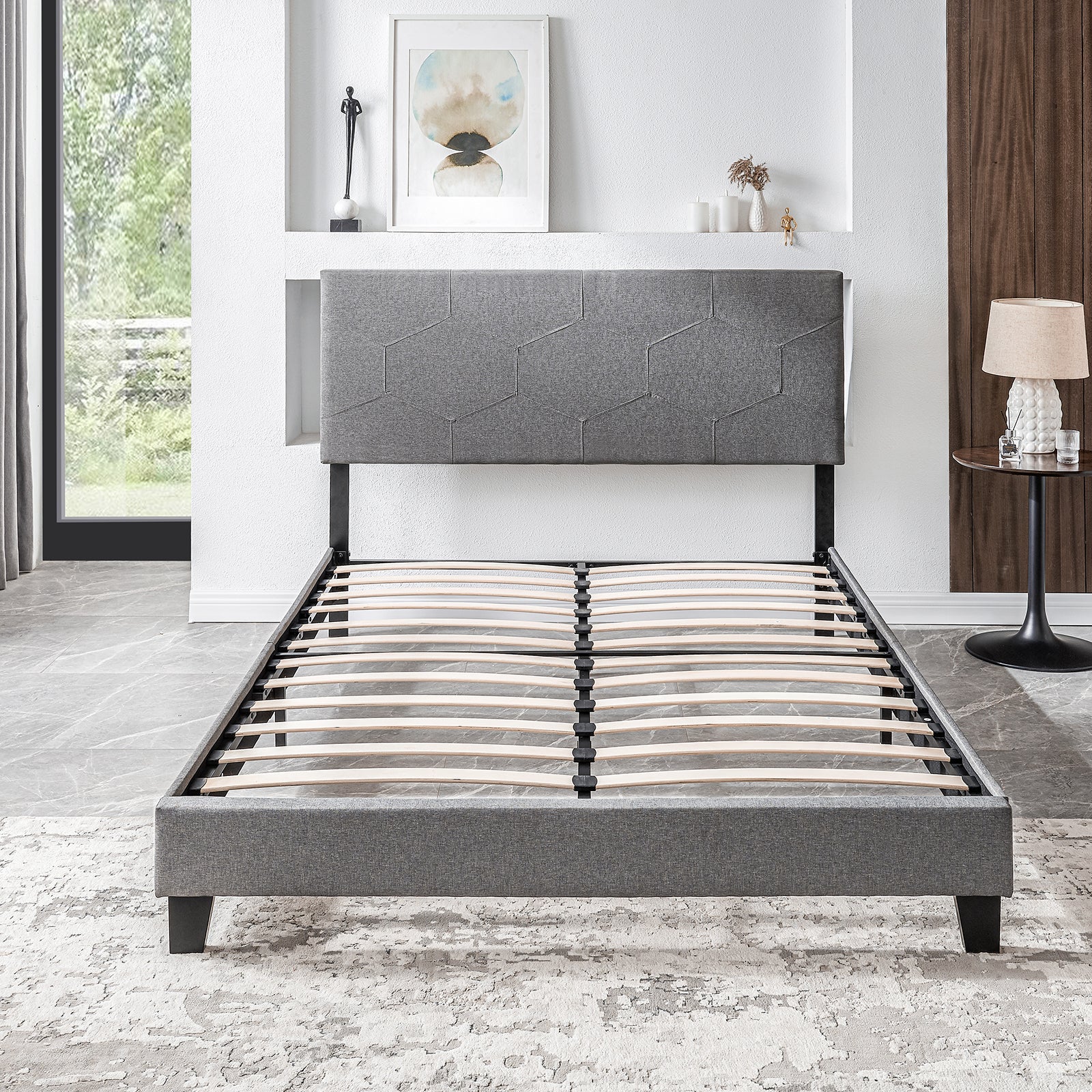 Queen Size Upholstered Platform Bed Frame ,Wood Slat Support, Easy Assembly,Grey Queen Size Upholstered Platform Bed Frame ,Wood Slat Support, Easy Assembly,Grey