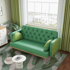 green Loveseat sofa with tulip pattern Modern Upholstered Two Seater PU Sofa with 2 dumpling-shaped throw pillows with tulip patterns