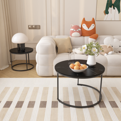 Nesting Coffee Table Set of 2, 27.6inch Round Coffee Table Wood Marble Pattern Top with Sturdy Metal Frame, End Table Side Tables for Living Room Bedroom Balcony Yard (Black)