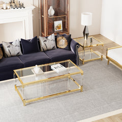 Modern minimalist living room furniture set, stylish transparent acrylic leg coffee table, square edge table, tempered glass face Coffee table combination gold end table