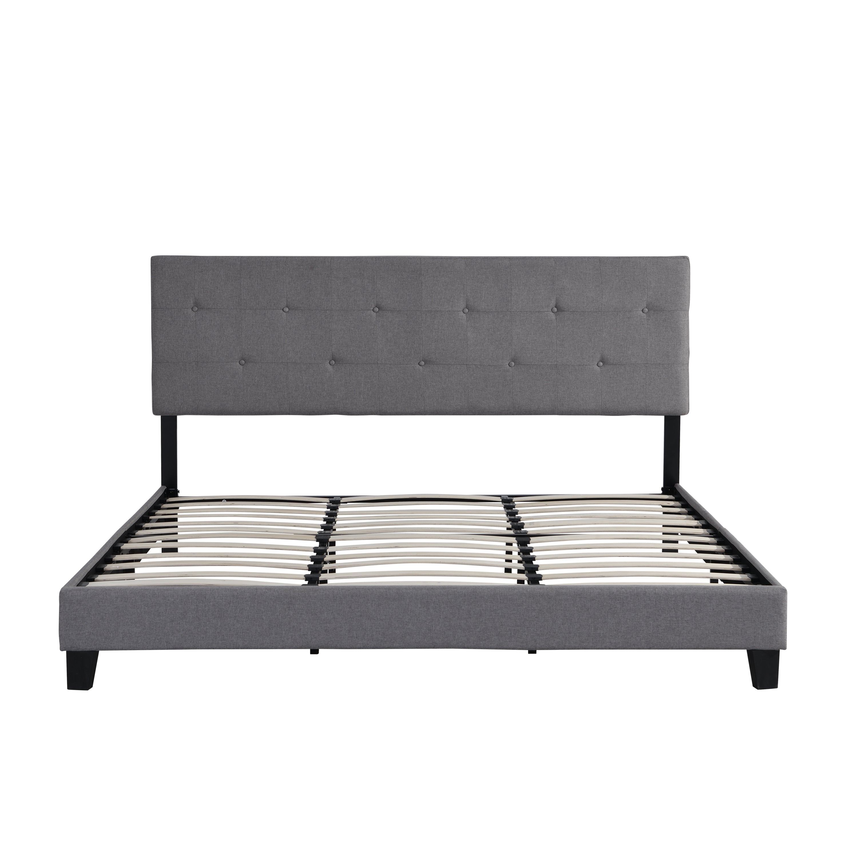 King Size Upholstered Platform Bed Frame with Button Tufted Linen Fabric Headboard, No Box Spring Needed, Wood Slat Support, Easy Assembly,  Gray King Size Upholstered Platform Bed Frame with Button Tufted Linen Fabric Headboard, No Box Spring Needed, Wood Slat Support, Easy Assembly,  Gray