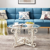 Glass Coffee Table with Iron Leaf Base, White