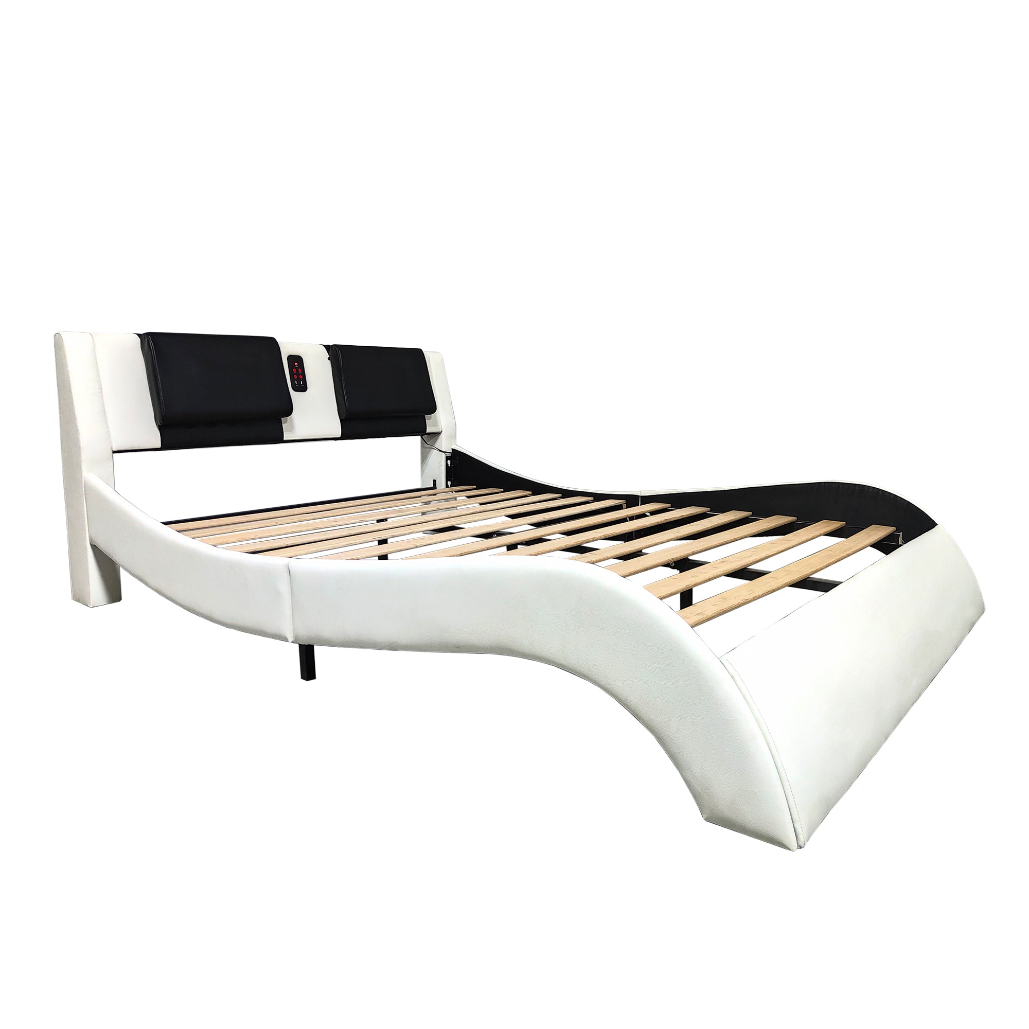 Faux Leather Upholstered Platform Bed Frame with led lighting, Bluetooth connection to play music control, Backrest vibration massage, Curve Design, Wood Slat Support, One-Carton Package, Queen Faux Leather Upholstered Platform Bed Frame with led lighting, Bluetooth connection to play music control, Backrest vibration massage, Curve Design, Wood Slat Support, One-Carton Package, Queen