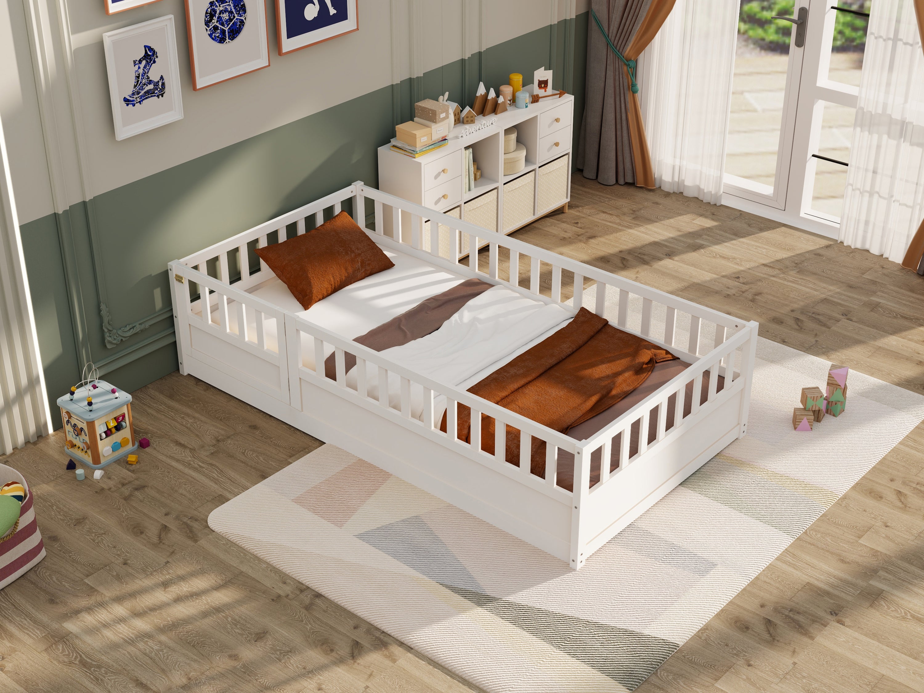 Twin Size Floor bed, integral construction with super high security barrier, door, children's floor bed frame, Montessori wooden children's floor bed, white Twin Size Floor bed, integral construction with super high security barrier, door, children's floor bed frame, Montessori wooden children's floor bed, white