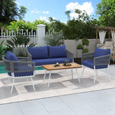 K&K 4-Piece Outdoor Furniture Set - Boho Rope Patio Conversation Set with Wood Table, Navy Blue