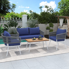 K&K 4-Piece Outdoor Furniture Set - Boho Rope Patio Conversation Set with Wood Table, Navy Blue