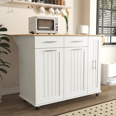 K&K Kitchen Island with Drop Leaf, 3-Tier Pull-Out Organizer, White