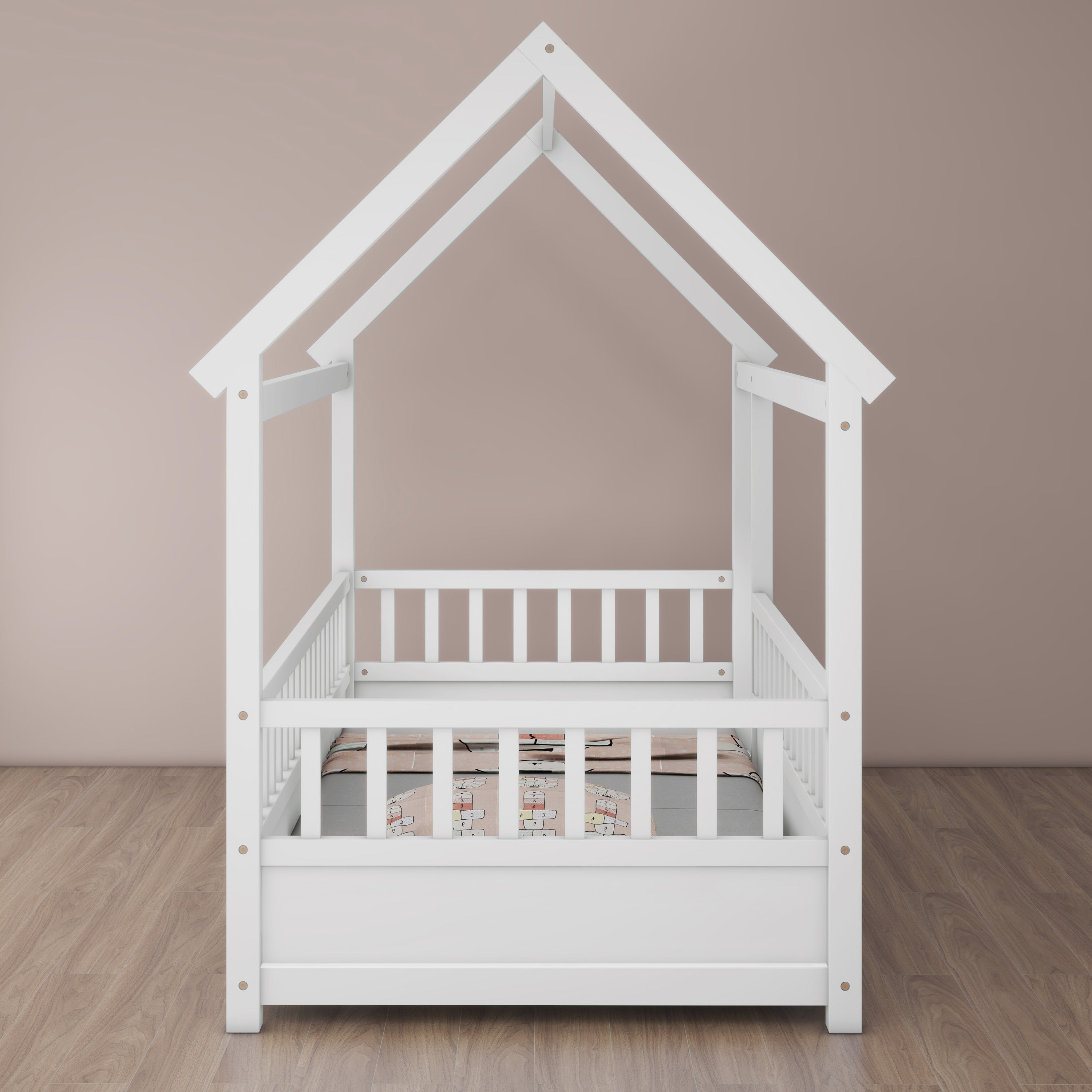 Twin Size Floor Wooden Bed with House Roof Frame, Fence Guardrails,White Twin Size Floor Wooden Bed with House Roof Frame, Fence Guardrails,White