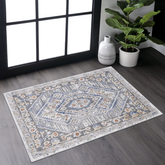 2x3 Bordered Area Rug Blue Cream Non-Shedding Stain Resistant Accent Carpet for Entryway Bedroom Living Room