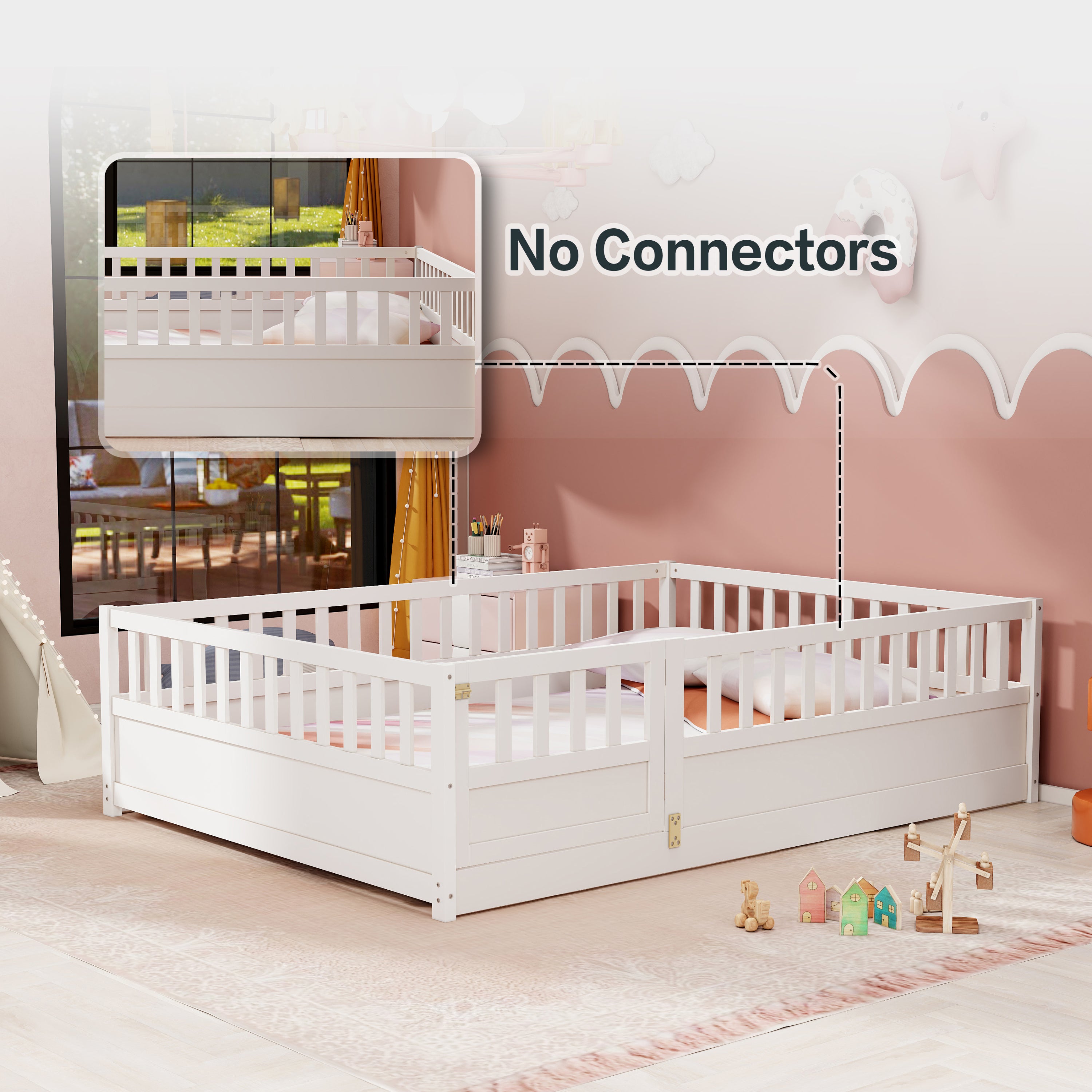 Full size  Floor bed, integral construction with super high security barrier, door, children's floor bed frame, Montessori wooden children's floor bed, white Full size  Floor bed, integral construction with super high security barrier, door, children's floor bed frame, Montessori wooden children's floor bed, white