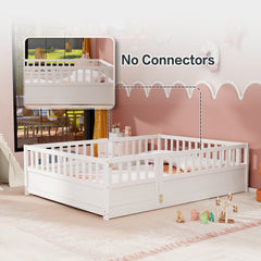 Full size  Floor bed, integral construction with super high security barrier, door, children's floor bed frame, Montessori wooden children's floor bed, white