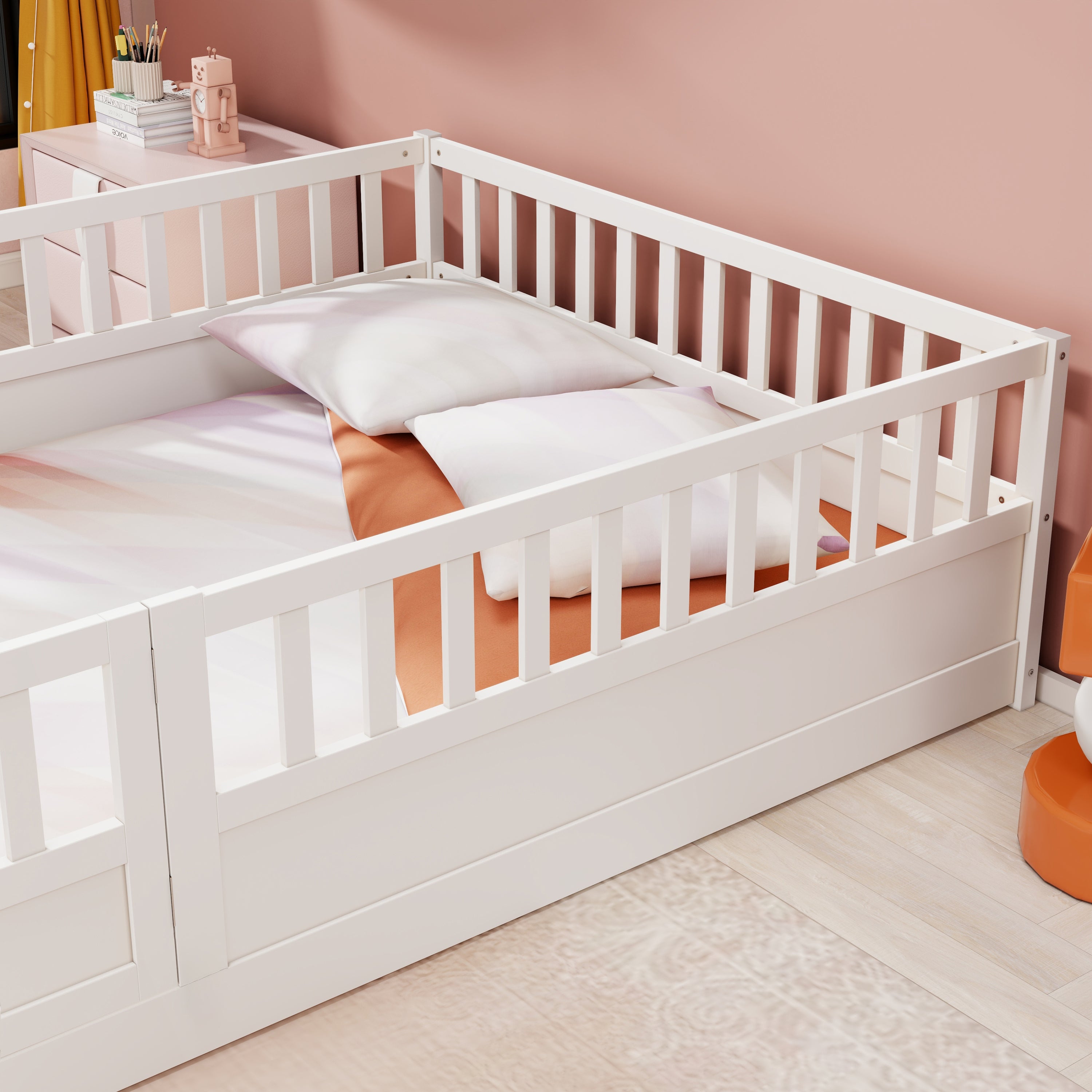 Full size  Floor bed, integral construction with super high security barrier, door, children's floor bed frame, Montessori wooden children's floor bed, white Full size  Floor bed, integral construction with super high security barrier, door, children's floor bed frame, Montessori wooden children's floor bed, white