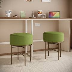 Set of 2 Round Cushioned Vanity Stools, Upholstered, Green
