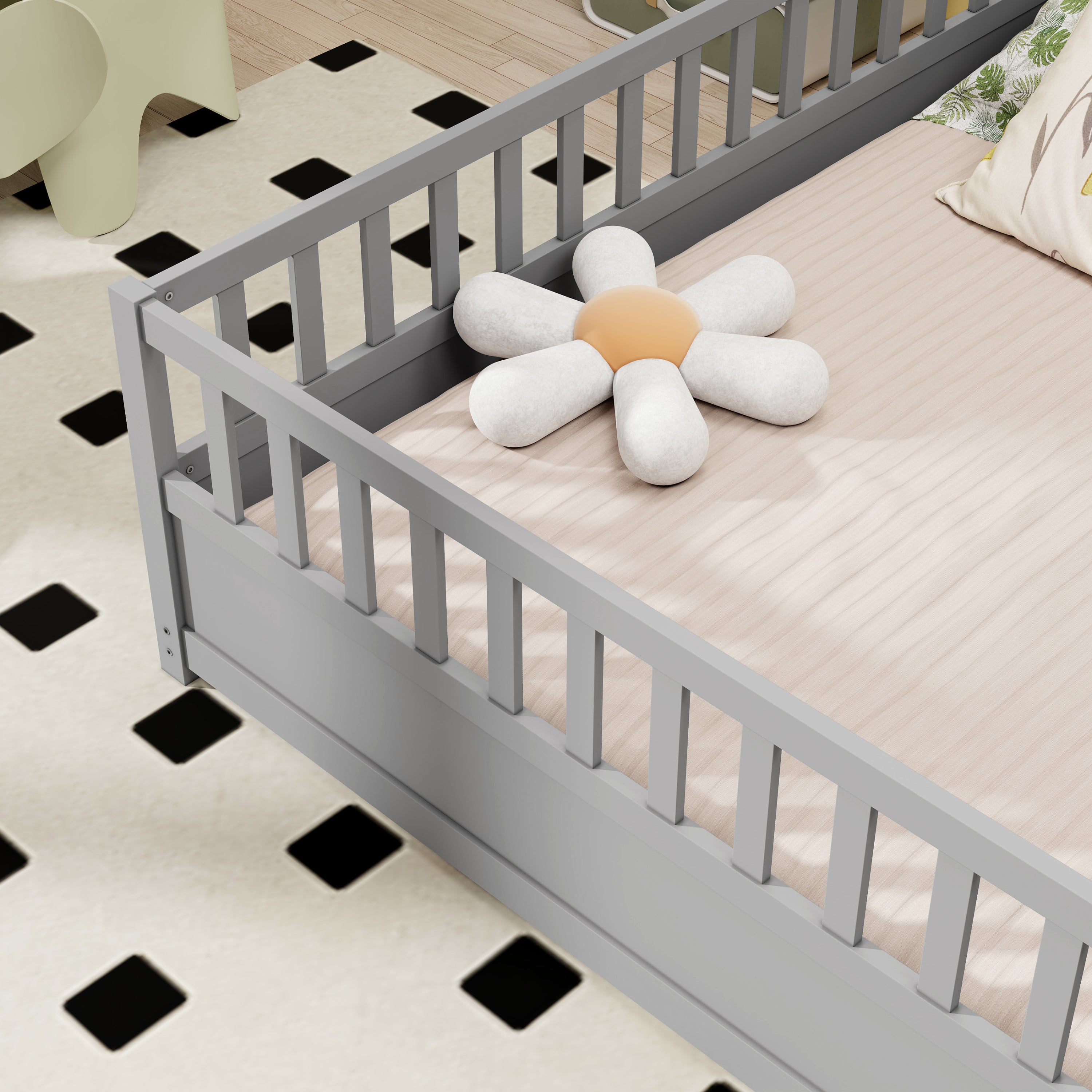 Full size  Floor bed, integral construction with super high security barrier, door, children's floor bed frame, Montessori wooden children's floor bed,  Grey Full size  Floor bed, integral construction with super high security barrier, door, children's floor bed frame, Montessori wooden children's floor bed,  Grey