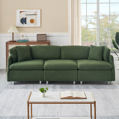 3-Seater Green Teddy Fleece Sofa With Two Throw Pillows - Spacious Design for Living Room