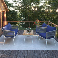 K&K 4-Piece Outdoor Furniture Set - Boho Rope Patio Conversation Set with Wood Table, Navy Blue