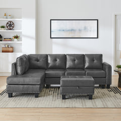 Sectional 3-Seaters Sofa , reversible recliner, Storage pad and wood grain cup holder, Non-slip leg, pu, grey