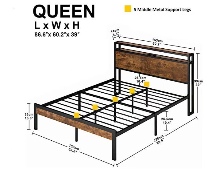 Queen Size  Metal Platform Bed Frame with Wooden Headboard and Footboard with USB LINER, No Box Spring Needed, Large Under Bed Storage, Easy Assemble Queen Size  Metal Platform Bed Frame with Wooden Headboard and Footboard with USB LINER, No Box Spring Needed, Large Under Bed Storage, Easy Assemble